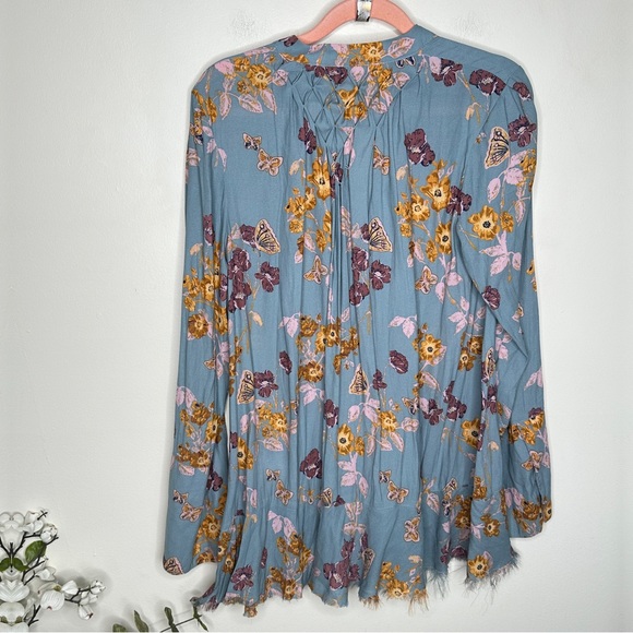 FREE PEOPLE So Fine Printed Smocked Top Sky Blue Floral {KK28} - Picture 5 of 7